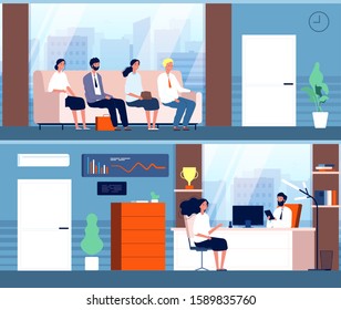 Business interview. Characters sitting in corridor waiting employees recruitment persons vector flat illustrations