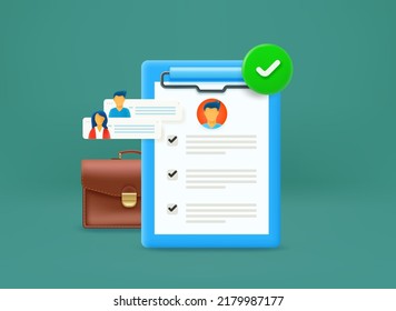 Concepto de entrevista de negocios con maleta y lista de especificaciones. icono de vector 3d