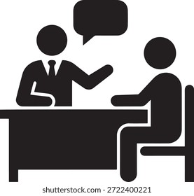 Vektorsymbol für Geschäftsgespräche oder Beratungsgespräche. Zwei Personen sitzen an einem Schreibtisch, Manager sprechen mit einem Angestellten oder Kandidaten mit Sprechblase. Solides Glyphenformat.
