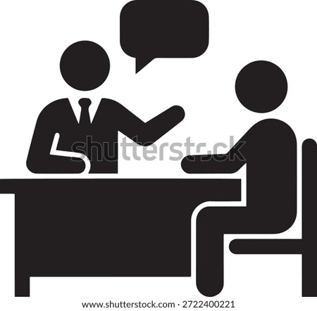Business interview or consulting vector icon. Two people sitting at a desk, manager talking to an employee or candidate with speech bubble. Solid glyph style.