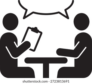 Entrevista de negocios o Vector de ícono de Encuesta. Silueta de dos personas sentadas en una mesa con burbujas de discurso y un Portapapeles.
