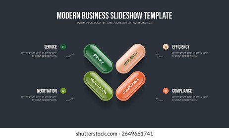 Business Introduction Four Option Diagram Slide Template. Financial Innovation 4 Step Infographic Presentation Design. Corporate Planning Frame Layout Vector Illustration.
