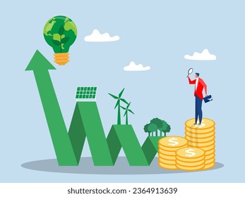 Las empresas invierten con un gráfico de crecimiento para el concepto de problemas de ESG o ecología; las empresas invierten fuentes de energía. Preservando los recursos del planeta. ilustración vectorial plana