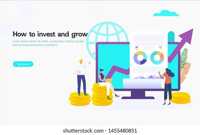 business invest vector illustration concept, Business people discussing and analyze the charts and graphs  can use for, landing page, template, ui, web, homepage, poster, banner, flyer, infographic