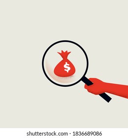 Business investment analysis vector concept with magnifying glass and bag of money. Symbol of strategy, management. Eps10 illustration.