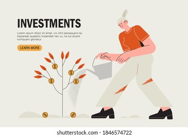 Business investment banner, landing page, web ui illustration. Revenue and income metaphor. Character water a tree with coins. Investors strategy, funding, start up concept. Woman plant money tree.