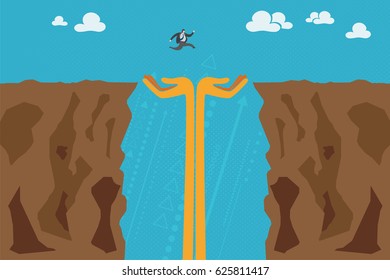 Business and investment concept. A businessman jump across the cliffs with two hands raise up to support and for protection.