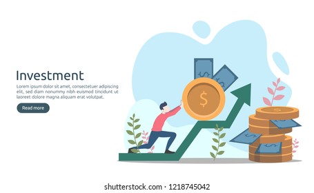 Business investment concept. dollar pile coin, tiny people, money object. graphic chart increase. Financial growth rising up to success. modern flat design landing page template vector illustration.