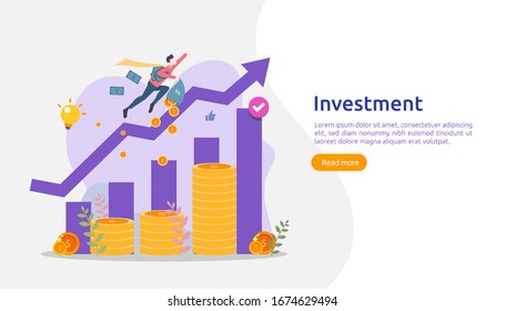 Business investment concept. dollar pile coin, people character, money object. graphic chart increase. Financial growth rising up to success. flat design landing page template vector illustration