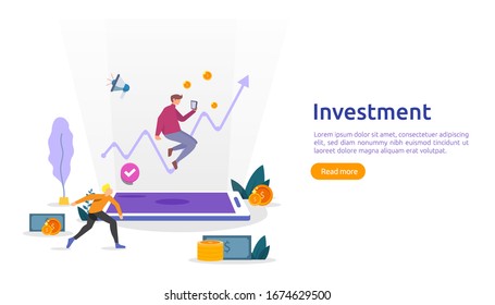 Business investment concept. dollar pile coin, people character, money object. graphic chart increase. Financial growth rising up to success. flat design landing page template vector illustration
