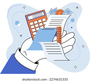 Business investment concept, dollar pile coin, reporting documents and calculator in hand, money savings increase in income. Financial growth rising up to success. Providing personal information