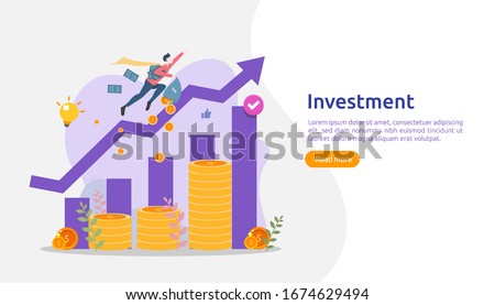 Business investment concept. dollar pile coin, people character, money object. graphic chart increase. Financial growth rising up to success. flat design landing page template vector illustration