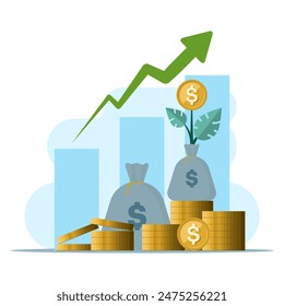 Business investment concept in flat style. Money, coins, profits, graph icons are suitable for many purposes. Investment Statistics With Money. Growth Investment Financing, flat vector illustration.