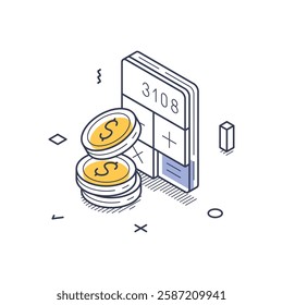 Business investment concept with golden coins stacked beside a calculator displaying a total amount. The isometric line art style adds depth to the investment theme. Vector illustration