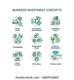 Business Investment Concept Icons Set. Financial Management, Economic Literacy Idea Thin Line RGB Color Illustrations. Investment Types And Tips. Vector Isolated Outline Drawings. Editable Stroke