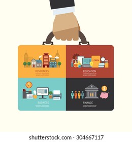 Business investment concept infographic businessman hand hold business bag icons flat design,vector illustration