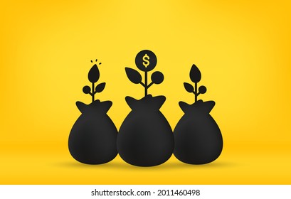 Business investment concept, Money bag with plants on yellow background