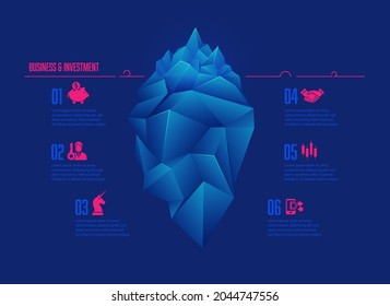 Business and investment concept presented with infographics, graphic of low poly iceberg with business icons