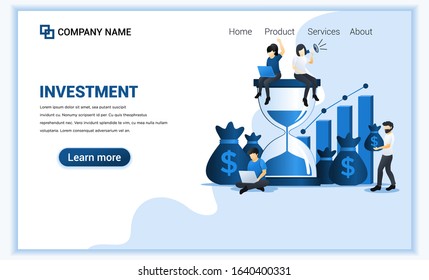 Business investment concept with women sitting on hourglass and man holding money bag. Can use for web banner, infographics, landing page, web template. Modern flat vector illustration