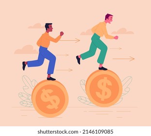 Business Investment concept. Young male entrepreneurs run on gold coins and compete. Financial races of businessmen for profit. Achieving success or goal. Cartoon modern flat vector illustration