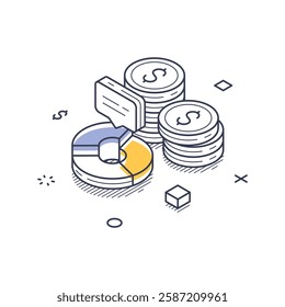 Business investment concepts. Features stacked coins and pie chart, representing financial growth, analysis, and strategic planning methods. Vector isometric line art illustration