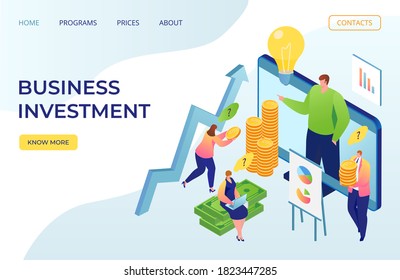 Business investment and finance web landing page, vector illustration. Businessman analyzing investing chart. Accounting. People bring money to account managers to invest. Success strategy consulting.