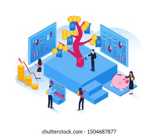 Business investment, financial, and teamwork concept with money tree illustration