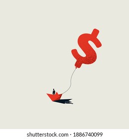 Business investment and floating rate vector concept with businessman on paper boat. Dollar, money symbol. Eps10 illustration.