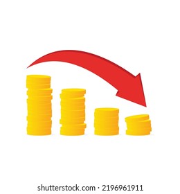 Business Investment Gold or Money Loss With Decrease Arrow Vector Icon Red Colored Isolated On White Background. 
Template Flat Icon Style For Web, Apps, Or Business EPS10 Editable.