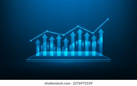 business investment graph trading growth on tablet. inance forex trade candlestick technology. Economy trends investment concept. vector illustration digital design. isolated on blue dark background.