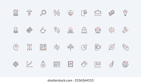 Business investment and growth, finance and credit, insurance of capital and assets line icon set. Stock market trading, mindset of businessman thin black and red outline symbols vector illustration