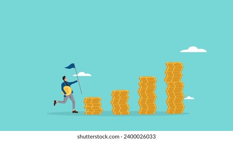 business investment growth illustration, financial growth rising success concept, business investment profit, an investor brings money and flag up the money graph to reach pinnacle of success concept