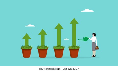 Wachstum der Unternehmensinvestitionen, Steigerung der Börseninvestitionen, wachsendes Geschäftsdiagramm-Baumkonzept, Geschäftsfrau, die Pflanzen auf einem Finanzdiagramm gießt