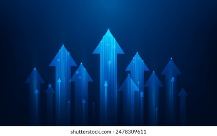 business investment growth progress increase with arrow rising up technology background. finance strategy graph increase. vector illustration fantastic hi-tech design.