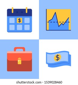 Business and investment icon set in flat style. Calendar with payment date, graph, portfolio and money symbols. Vector illustration.
