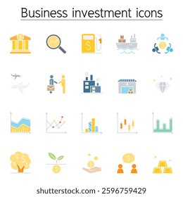 Business investment icon set in flat color style