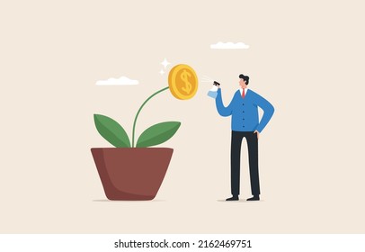 Business investment and income growth. Prepare for success. Focus business and not be distracted. Expanding or enhancing business efficiency. Businessman watering Money coin flower in pot.