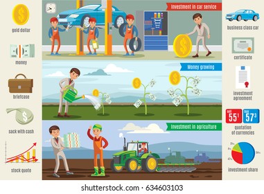 Business investment infographic horizontal banners with financial elements businessman growing money, tree investing in car repair service, and agriculture vector illustration