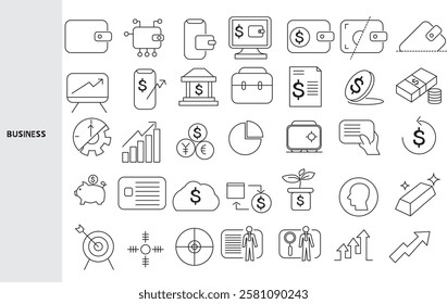 Business and Investment ,Business investment is investing a large amount of money for business profit. Set of line icons for business. Outline symbols collection. , Editable strokes.