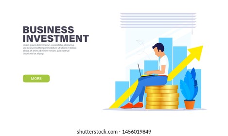Business investment landing page concept. Guy sitting on a stack of coins with a laptop and working in a relaxed atmosphere on a new business idea. Easy to edit and customize.