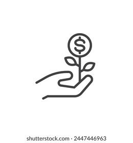 Business Investment line icon. linear style sign for mobile concept and web design. Hand with a money plant outline vector icon. Financial growth symbol, logo illustration. Vector graphics