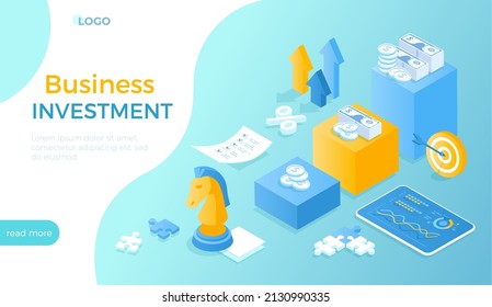 Business Investment Marketing Analysis Deposit. Investment plan and strategy. Money saving concept. Profit growth steps. Isometric vector illustration for website.	
