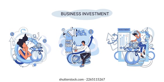 Business investment metaphor. Investment capital for profit and income multiplying. Buying shares and funds, modern economy. Investor strategy, financing business activities. Active or passive income