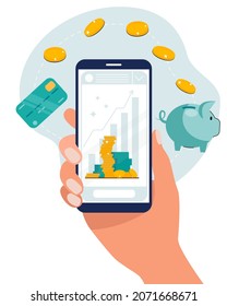 Business investment, money saving and management, financial trade design concept. Hand with smartphone, growing profit chart, piggy bank, gold coins, banknotes. Vector illustration.