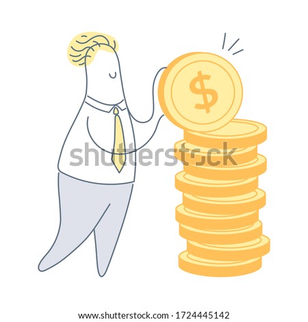 Business investment and money savings, fees and funding, growth capital illustration concept. Cartoon man collects golden coins in a pile. Flat line vector on white background.