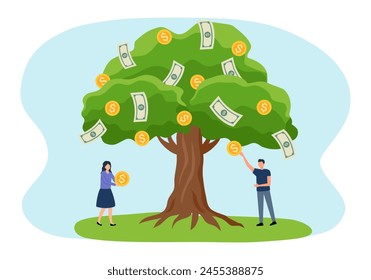 Business investment profit flat vector illustration. Revenue and income metaphor. Man and woman picking cash from money tree. Investors strategy, funding concept.