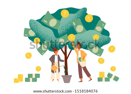 Business investment profit flat vector illustration. Revenue and income metaphor. Businessman and businesswoman characters picking cash from money tree. Investors strategy, funding concept.