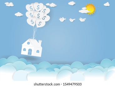 Business investment and real estate, Vector illustration of Paper house with balloon heart and symbol of dollar on blue sky and clouds background, Save money for prepare in future concept