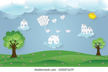 Business investment and real estate, Vector illustration of Paper house and Bird with balloon and symbol of dollar on blue sky and cloud background,Save money for prepare in future and Banking concept