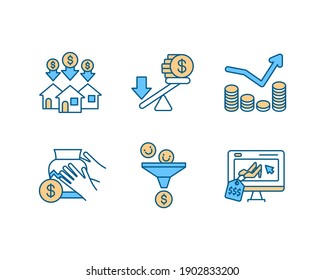 Business investment RGB color icons set. Purchase property. Buying building. Avoid financial leverage. Penny stock. Handcrafted goods. Marketing funnel. Fashion store. Isolated vector illustrations